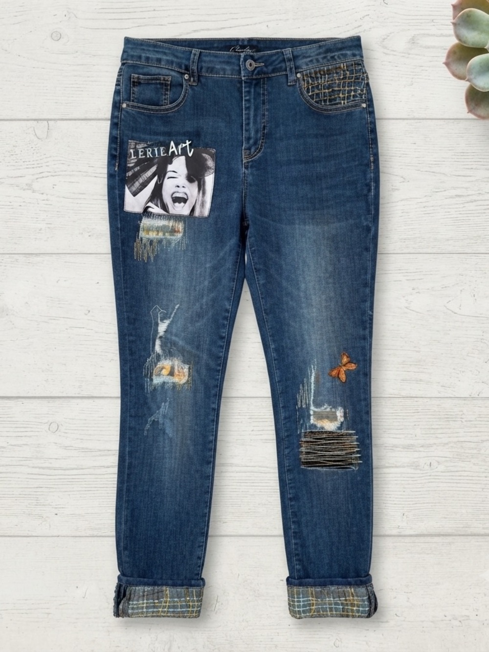 Charlies Dark Blue Embroidered & Patch Boyfriend Jeans